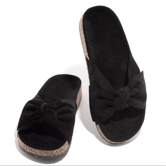 Black Bow Knot Cork Slides Sandals - Picture 5 of 11
